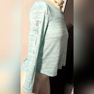 Flattering yoga type shirt so Brand Robin's egg glitter saying long sleeve gym
